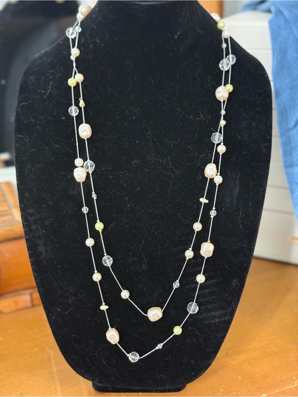 Pearl and Crystal Necklace - Pink/Green pearls